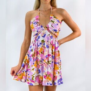 Isabelle’s Cabinet Floral Halter Cutout Mini Dress in Pink